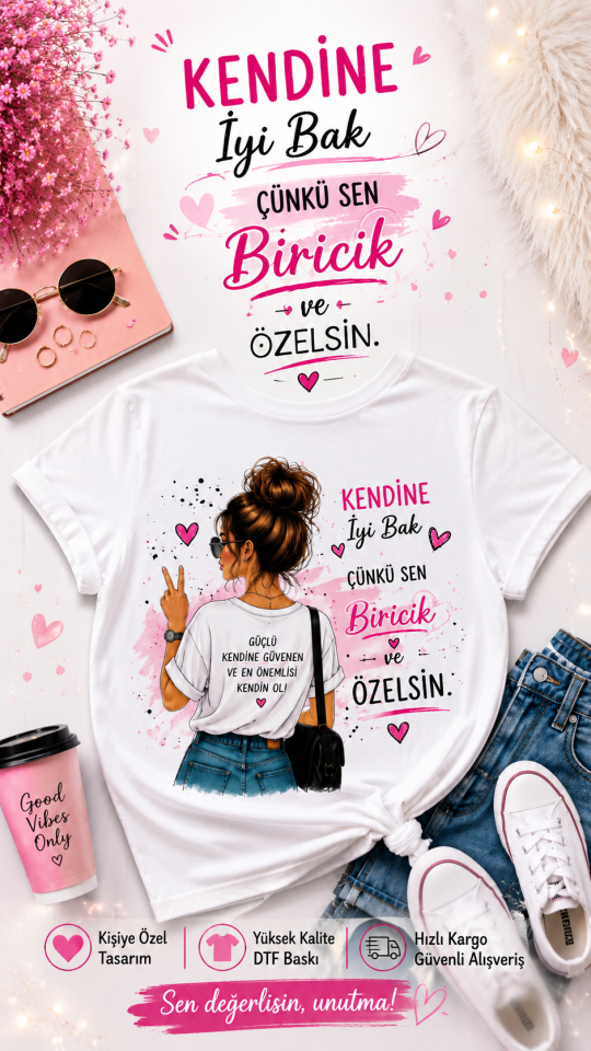 Baskılı Kendine İyi Bak Kadın Tişört