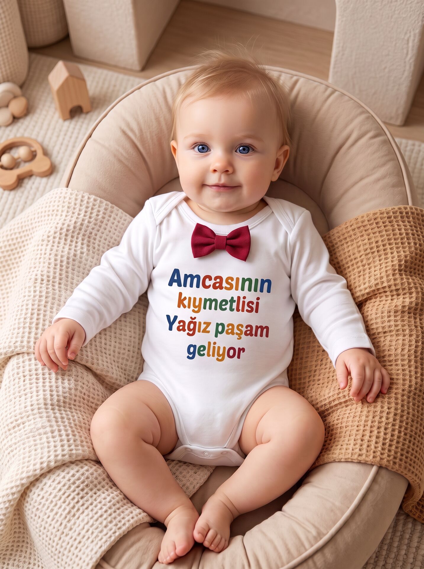 Amcasının Kıymetlisi Papyon Baskılı Pamuklu Bebek Body Beyaz - 6-9