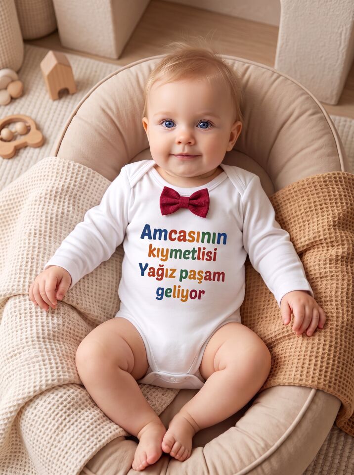 Amcasının Kıymetlisi Papyon Baskılı Pamuklu Bebek Body Beyaz - 12-18