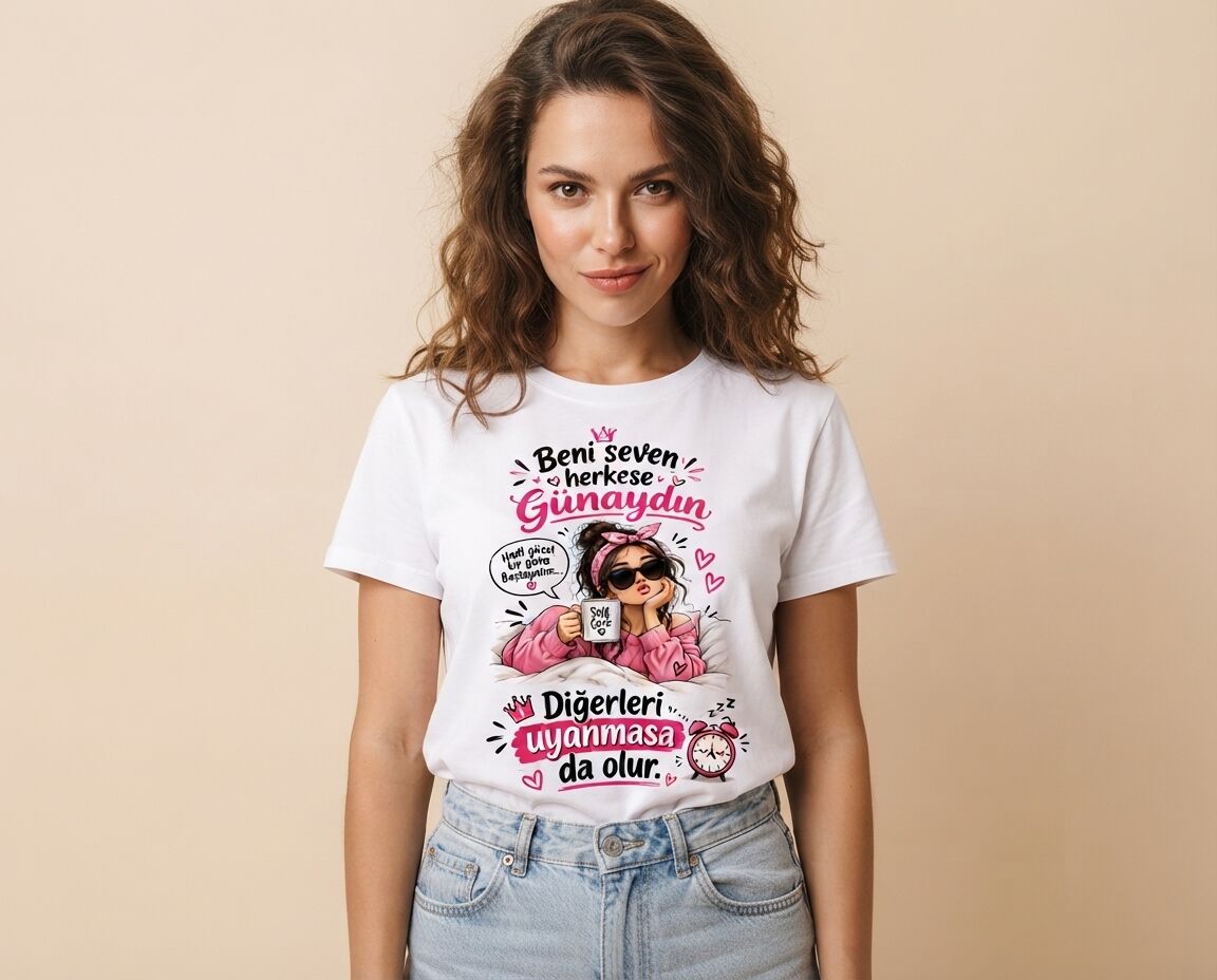 Esprili Sabah Rutini Tasarım Tişört M Beden - Beyaz