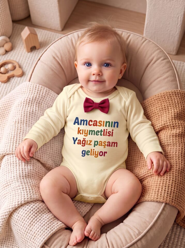 Amcasının Kıymetlisi Papyon Baskılı Pamuklu Bebek Body Sarı - 6-9