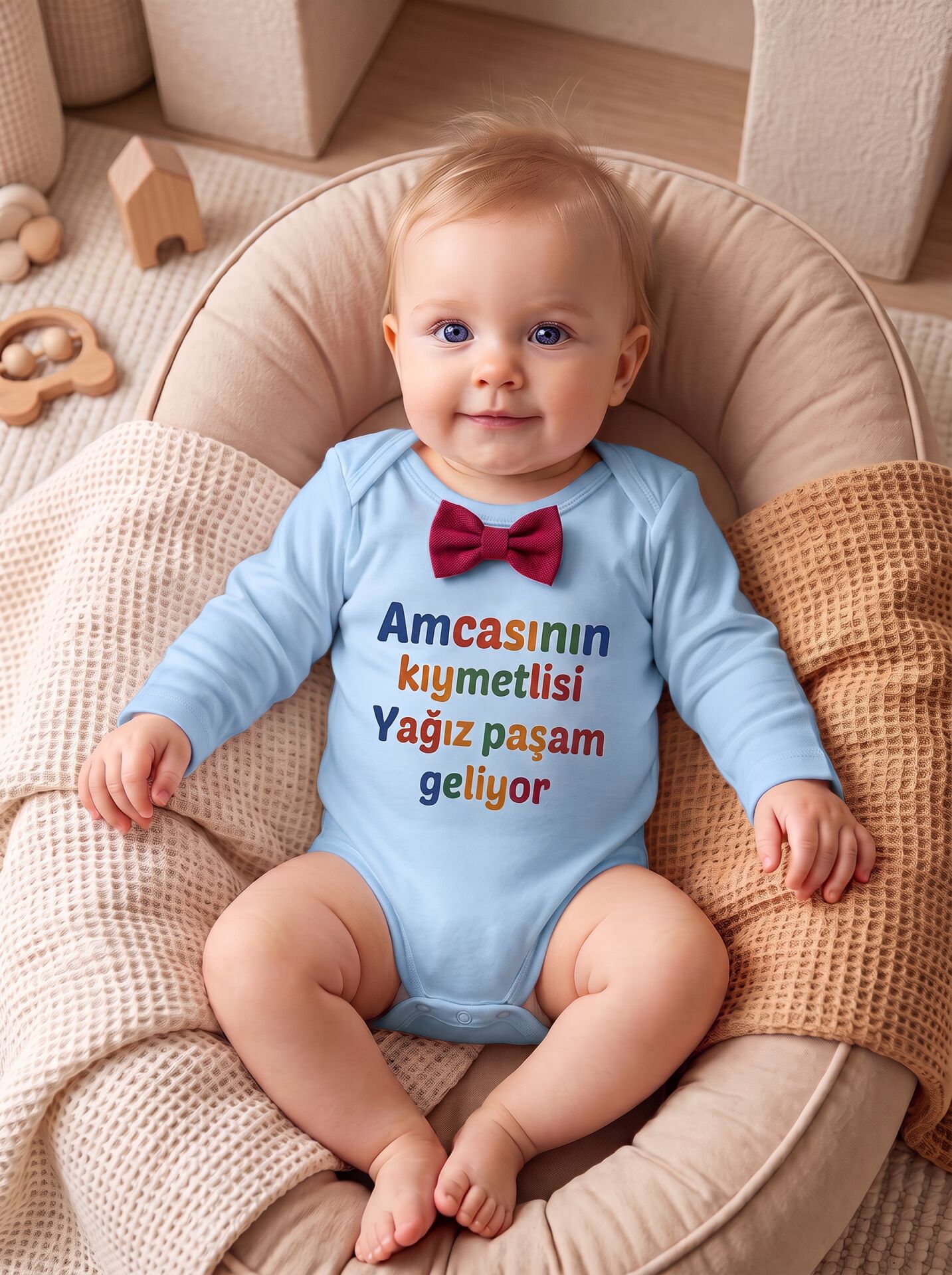 Amcasının Kıymetlisi Papyon Baskılı Pamuklu Bebek Body Mavi - 3-6