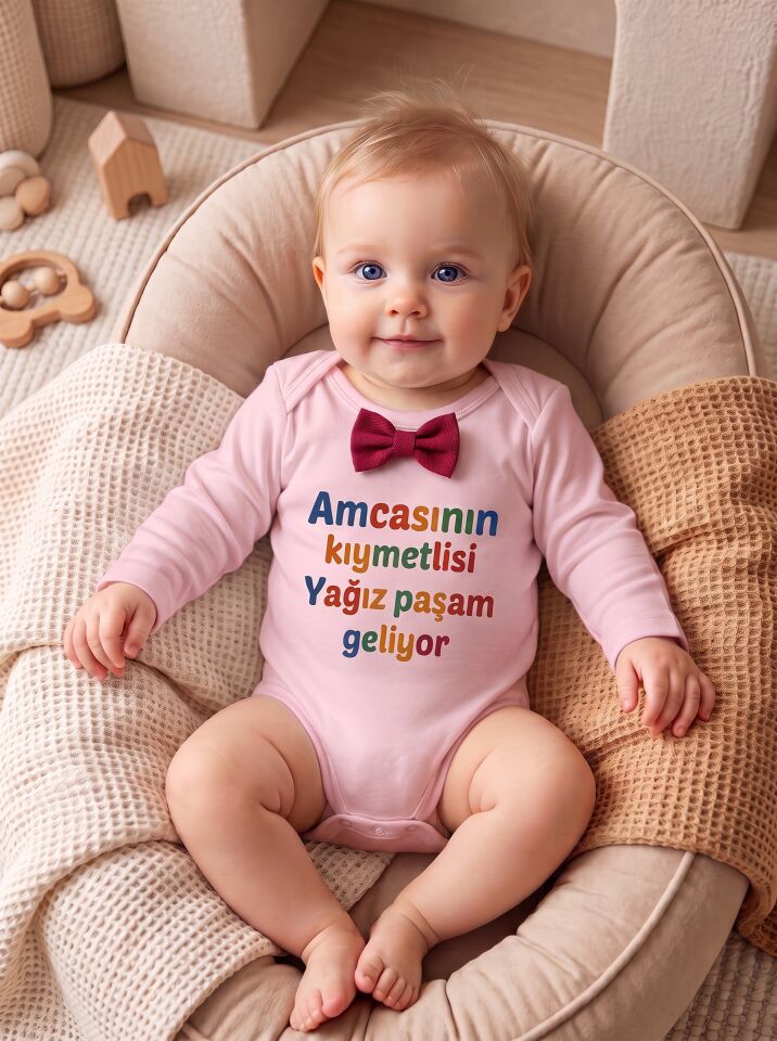 Amcasının Kıymetlisi Papyon Baskılı Pamuklu Bebek Body Pembe - 0-3