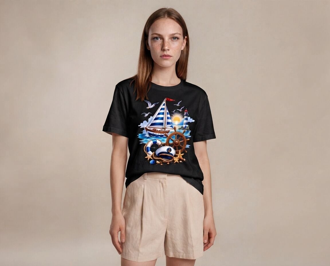 Çapa, Deniz Feneri ve Yelken Desenli Pamuklu Kadın Tişört M Beden - Siyah