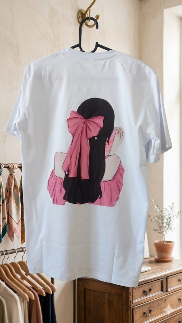 Baskılı Pembe Kurdele Kız Kadın Tişört