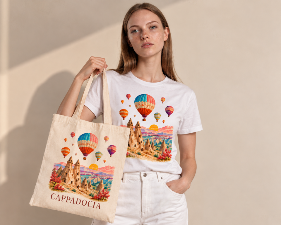 Kapadokya Balon Desenli Pamuklu Tişört ve Bez Çanta Kombini L Beden - Beyaz