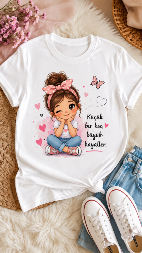 Baskılı Küçük Bir Kız Büyük Hayaller Tişört