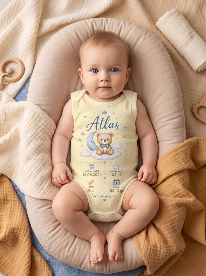 Atlas Yazılı Ay ve Ayıcık Temalı Pamuklu Kolsuz Bebek Body Sarı - 24-30