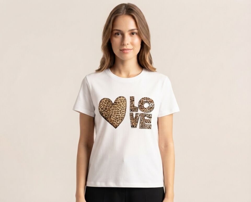Leopar Kalp ve Love Yazılı Kadın Pamuklu Tişört S Beden - Beyaz