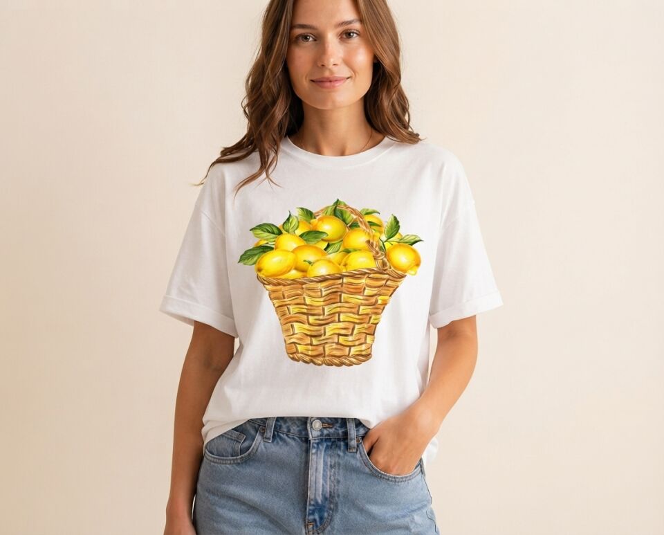 Sulu Boya Limon Sepeti Baskılı Pamuklu Tişört