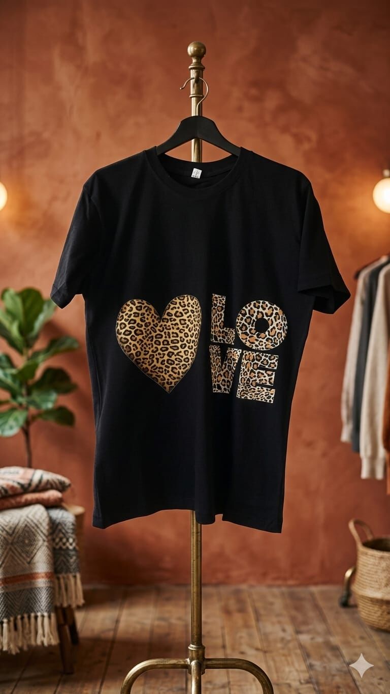 Baskılı Leopar Detay LOVE Kadın Tişört