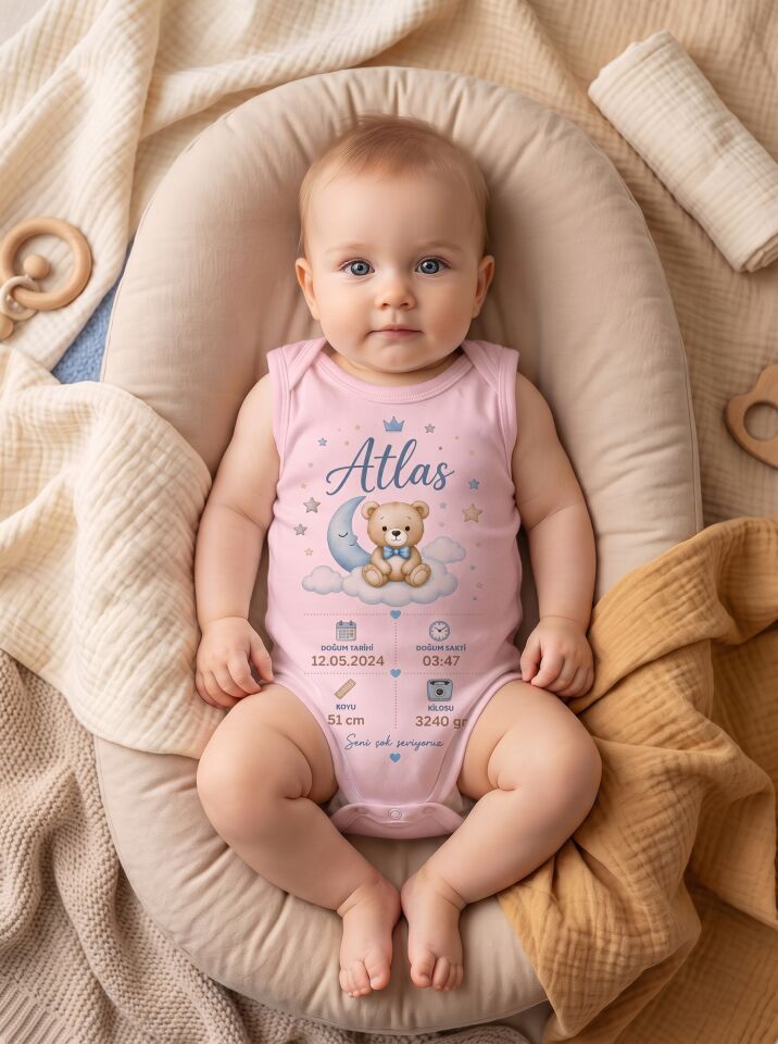 Atlas Yazılı Ay ve Ayıcık Temalı Pamuklu Kolsuz Bebek Body Pembe - 18-24