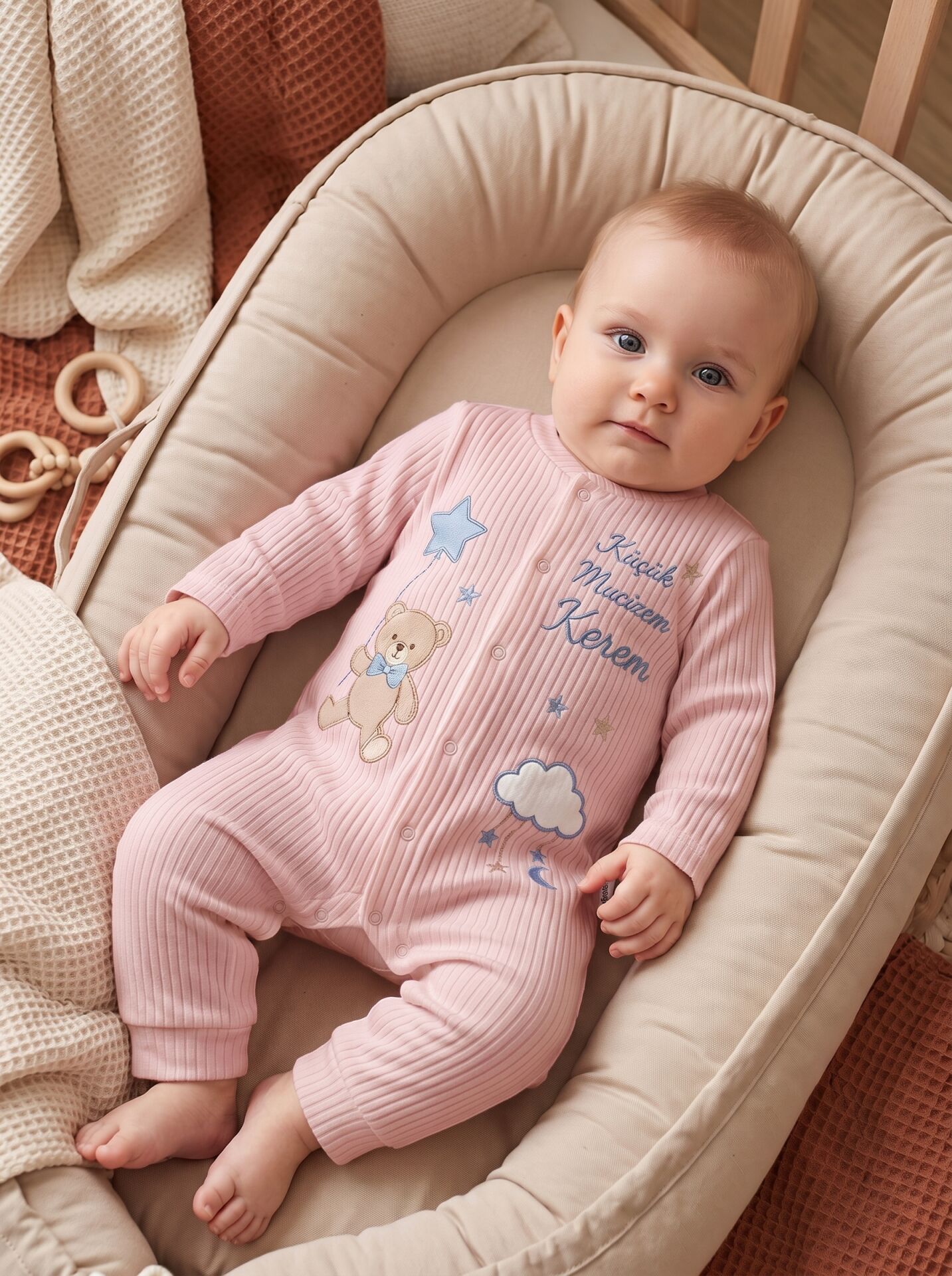 Küçük Mucizem İsimli Ayıcık Temalı Pamuklu Bebek Tulum Body Pembe - 0-3