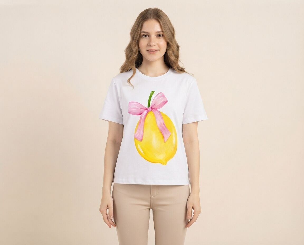 Pembe Fiyonklu Limon Baskılı Pamuklu Tişört