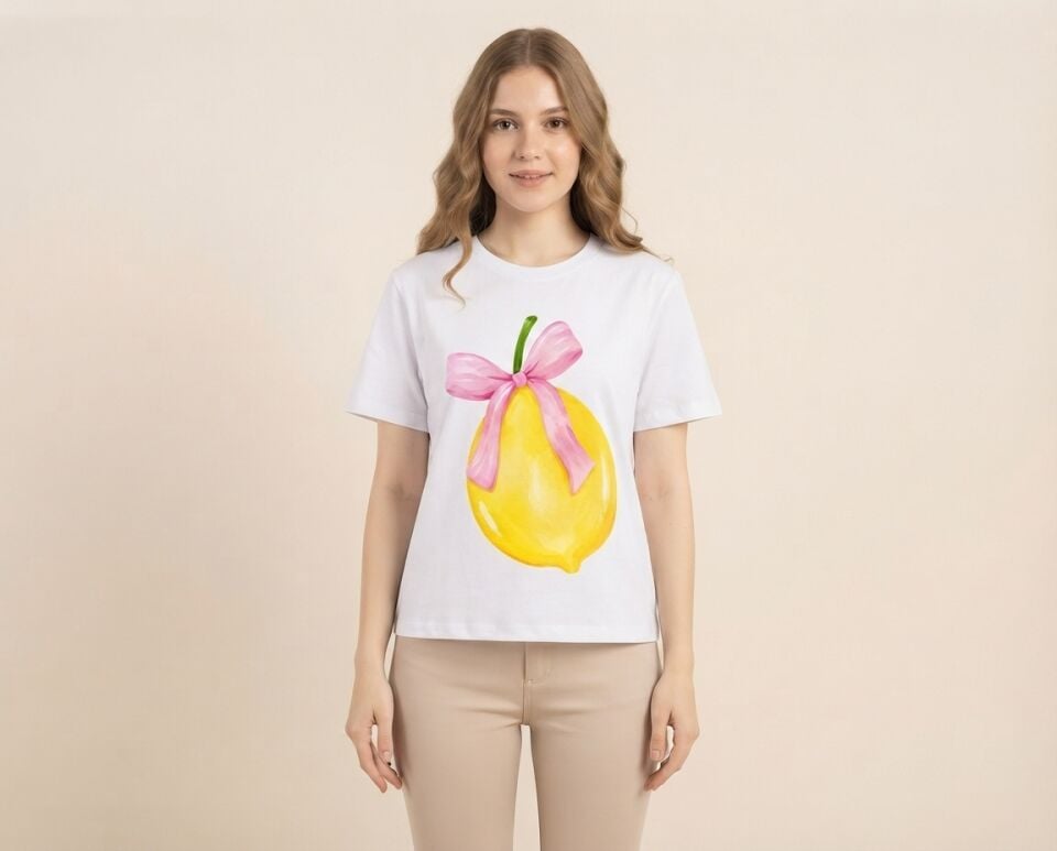 Pembe Fiyonklu Limon Baskılı Pamuklu Tişört