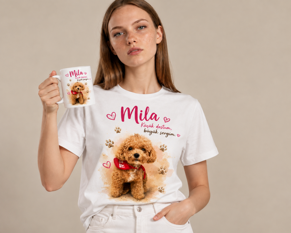 Kişiye Özel İsim Baskılı Sevimli Köpek Tasarımlı Pamuklu Tişört ve Porselen Kupa 330 ml Kombini