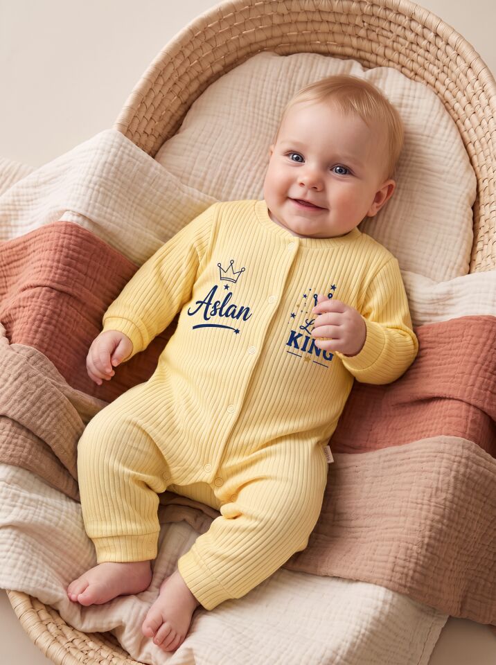 Little King Taçlı İsimli Pamuklu Bebek Tulum (Body) Sarı - 12-18