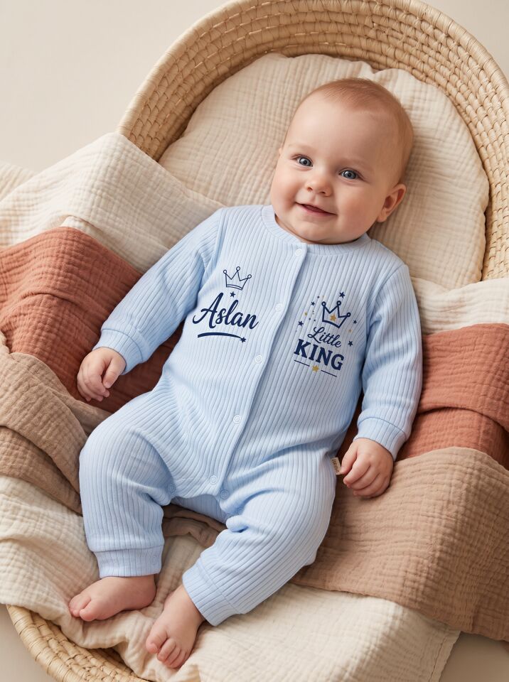 Little King Taçlı İsimli Pamuklu Bebek Tulum (Body) Mavi - 0-3