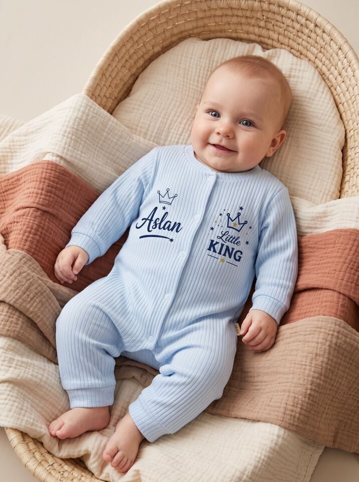 Little King Taçlı İsimli Pamuklu Bebek Tulum (Body) Mavi - 9-12