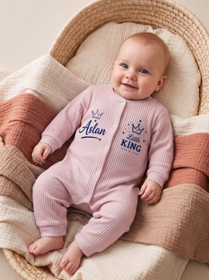 Little King Taçlı İsimli Pamuklu Bebek Tulum (Body) Pembe - 0-3