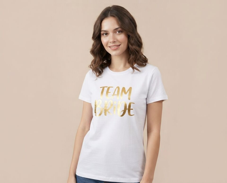 Bekarlığa Veda Partisi Özel Seri ''Team Bride'' Varak Baskılı Tişört S Beden - Beyaz