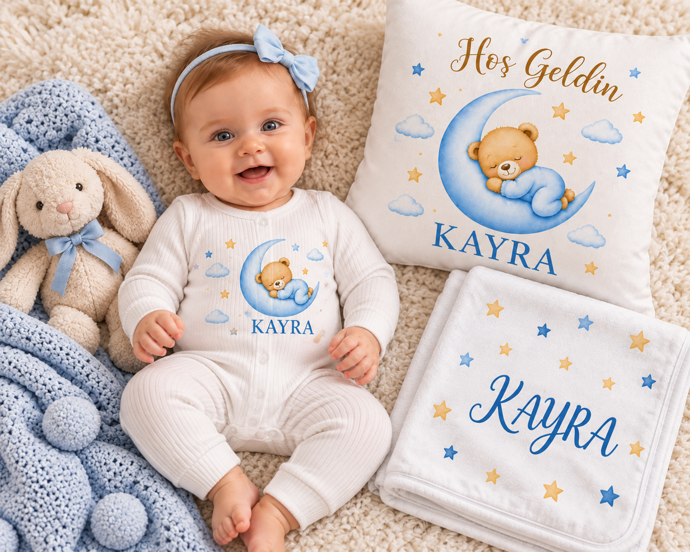 Kişiye Özel Ayıcık ve Ay Tasarımlı Bebek Tulum Battaniye ve Yastık Seti