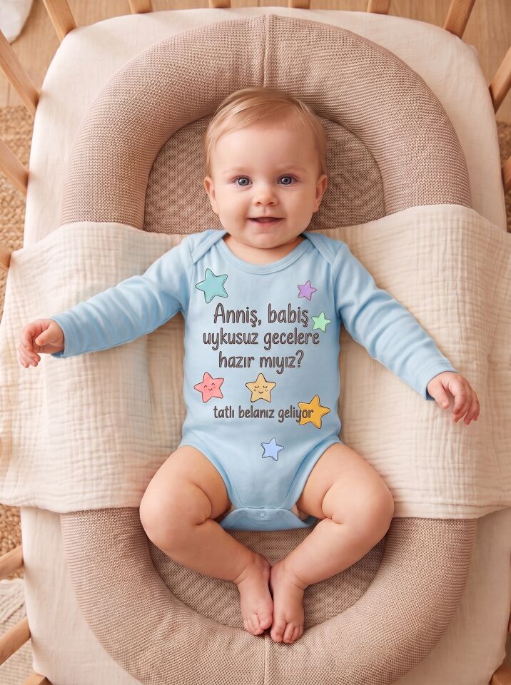 Pastel Yıldızlı “Anniş Babiş Uykusuz Gecelere Hazır mıyız?” Pamuklu Uzun Kollu Bebek Body Mavi - 24-30