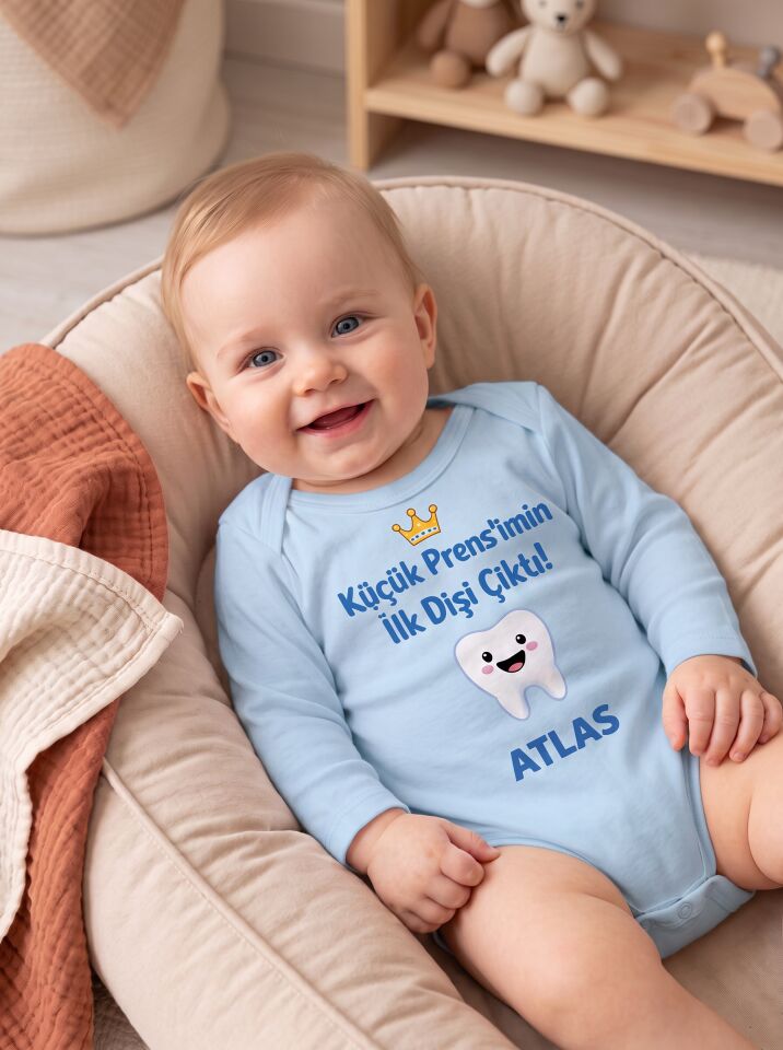 Küçük Prens’imin İlk Dişi Çıktı – Atlas İsimli Pamuklu Bebek Body Mavi - 3-6