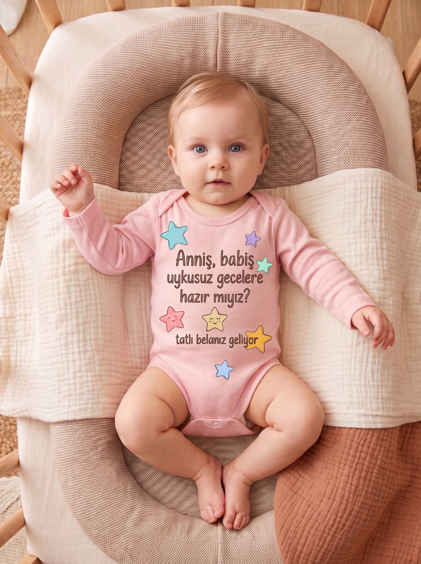 Pastel Yıldızlı “Anniş Babiş Uykusuz Gecelere Hazır mıyız?” Pamuklu Uzun Kollu Bebek Body Pembe - 24-30