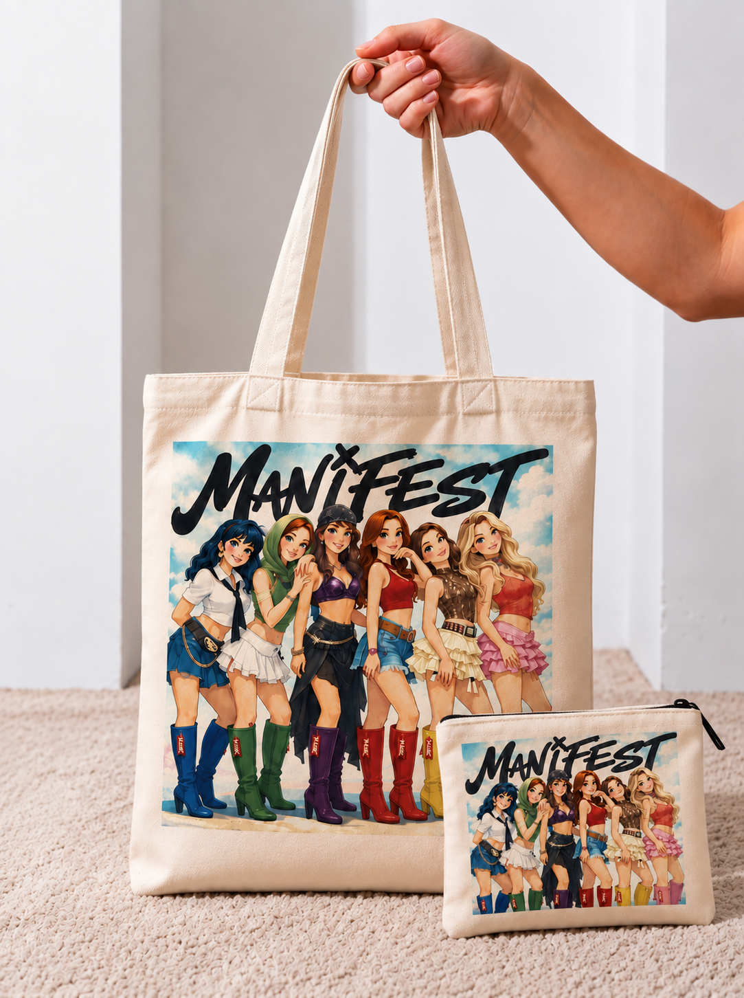 Manifest Kızlar Baskılı Bez Çanta ve Makyaj Çantası Seti