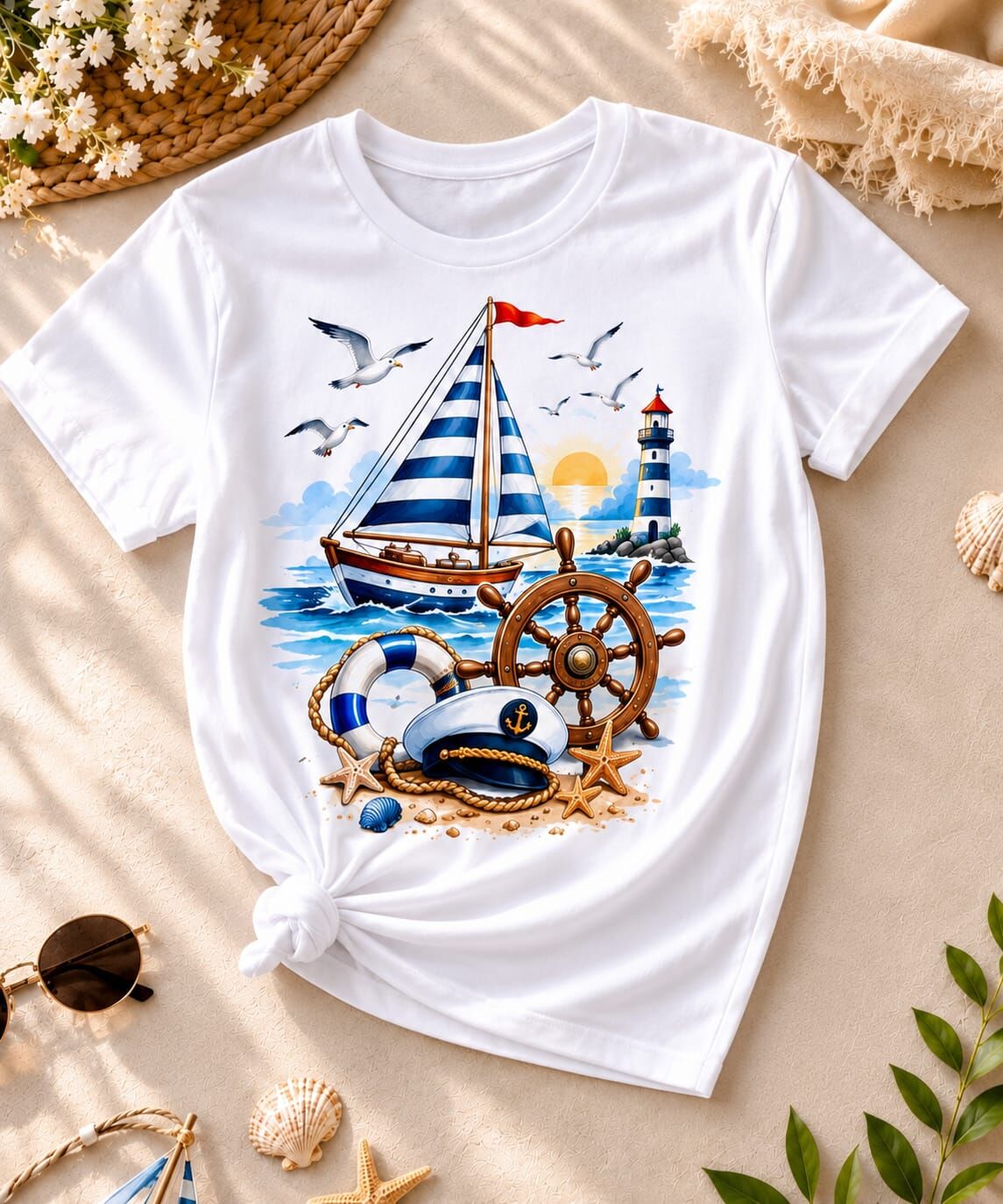 Baskılı Sahil Kenar Kaptan Unisex Tişört