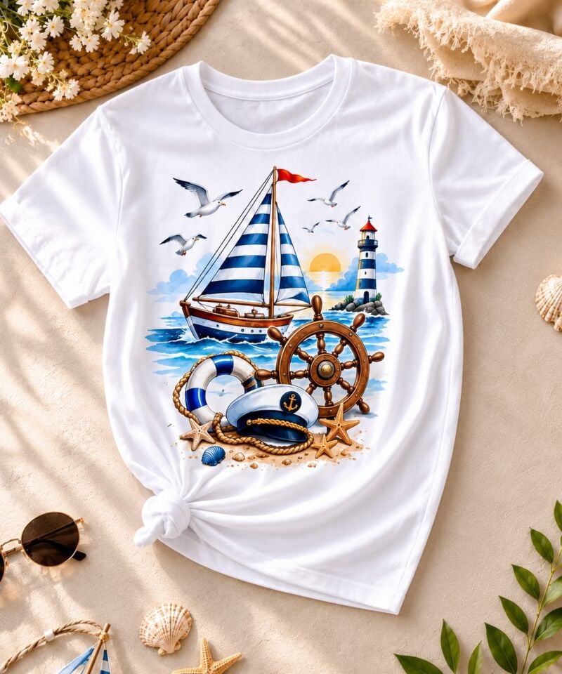 Baskılı Sahil Kenar Kaptan Unisex Tişört
