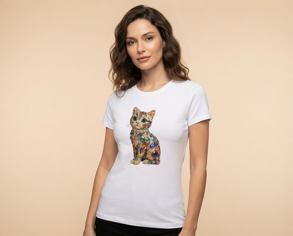 Mücevher Görünümlü Kedi Figürlü Günlük Şık Pamuklu Tişört XL Beden - Beyaz