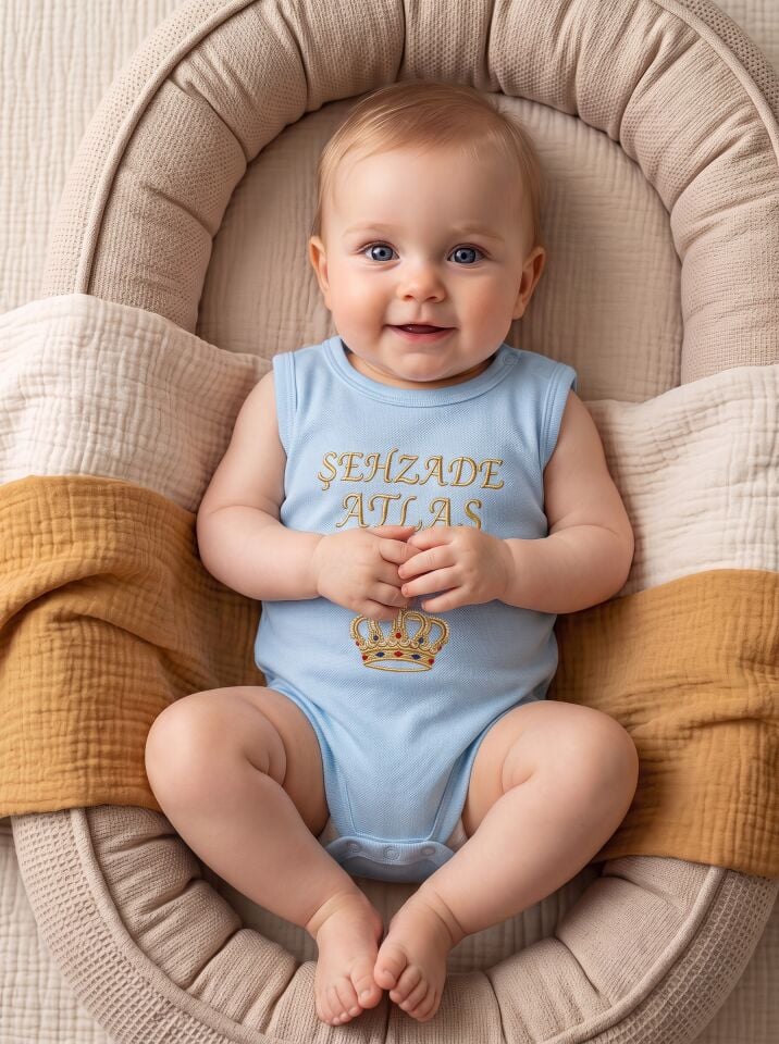 Şehzade Atlas Yazılı Taç Baskılı Pamuklu Kolsuz Bebek Body (Zıbın) Mavi - 3-6
