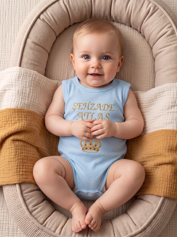 Şehzade Atlas Yazılı Taç Baskılı Pamuklu Kolsuz Bebek Body (Zıbın) Mavi - 9-12