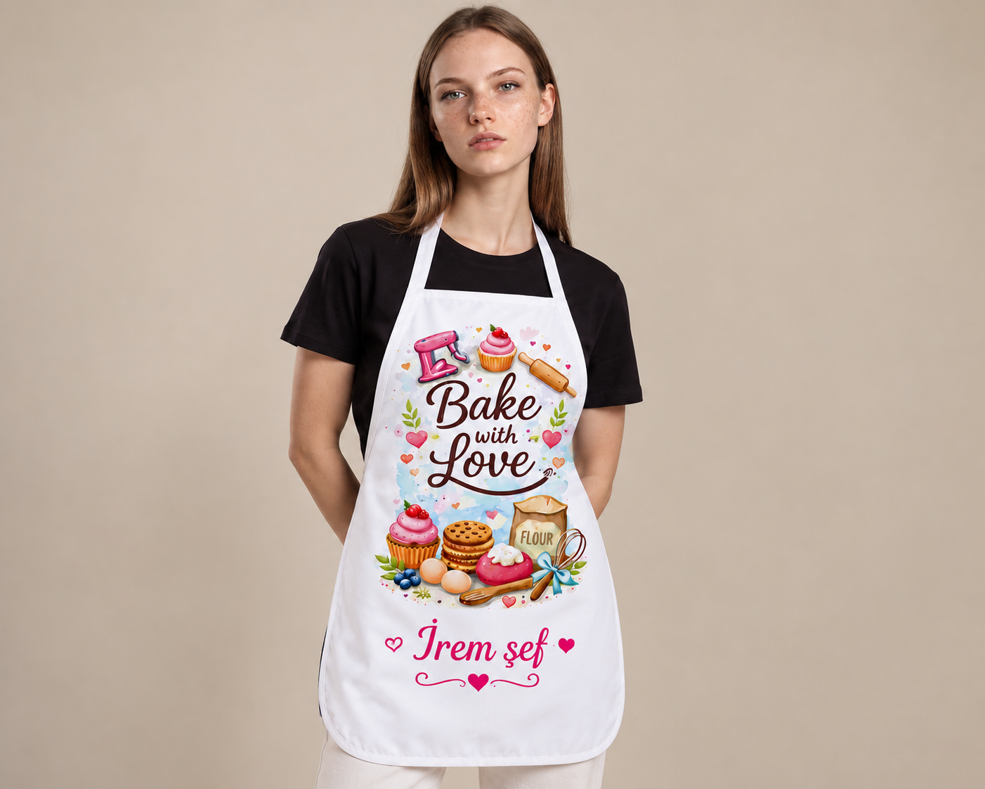 Kişiye Özel İsimli Bake With Love Baskılı Mutfak Önlüğü