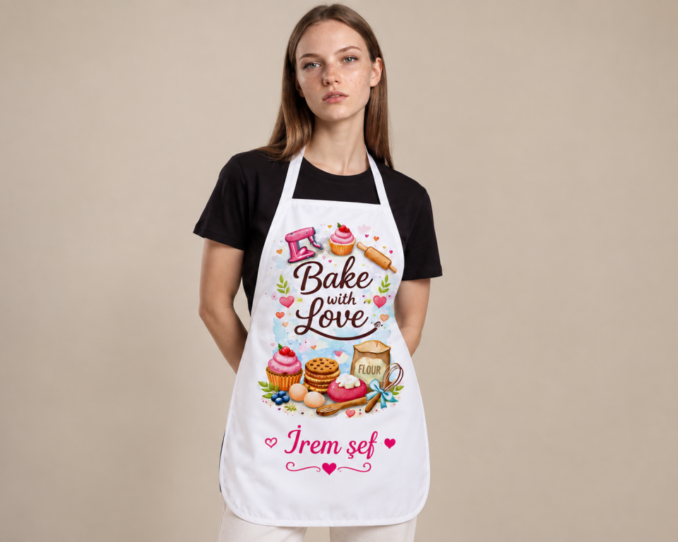 Kişiye Özel İsimli Bake With Love Baskılı Mutfak Önlüğü