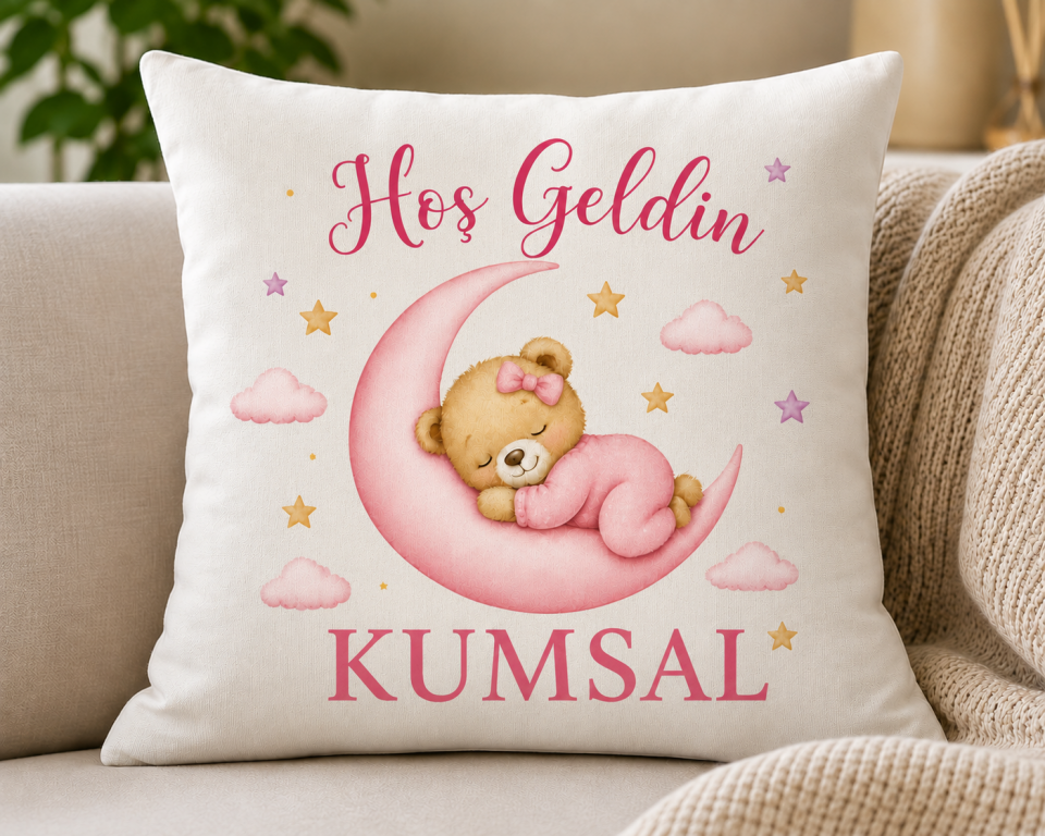 Hoş Geldin Kumsal Ayda Uyuyan Ayıcık Baskılı Dekoratif Yastık