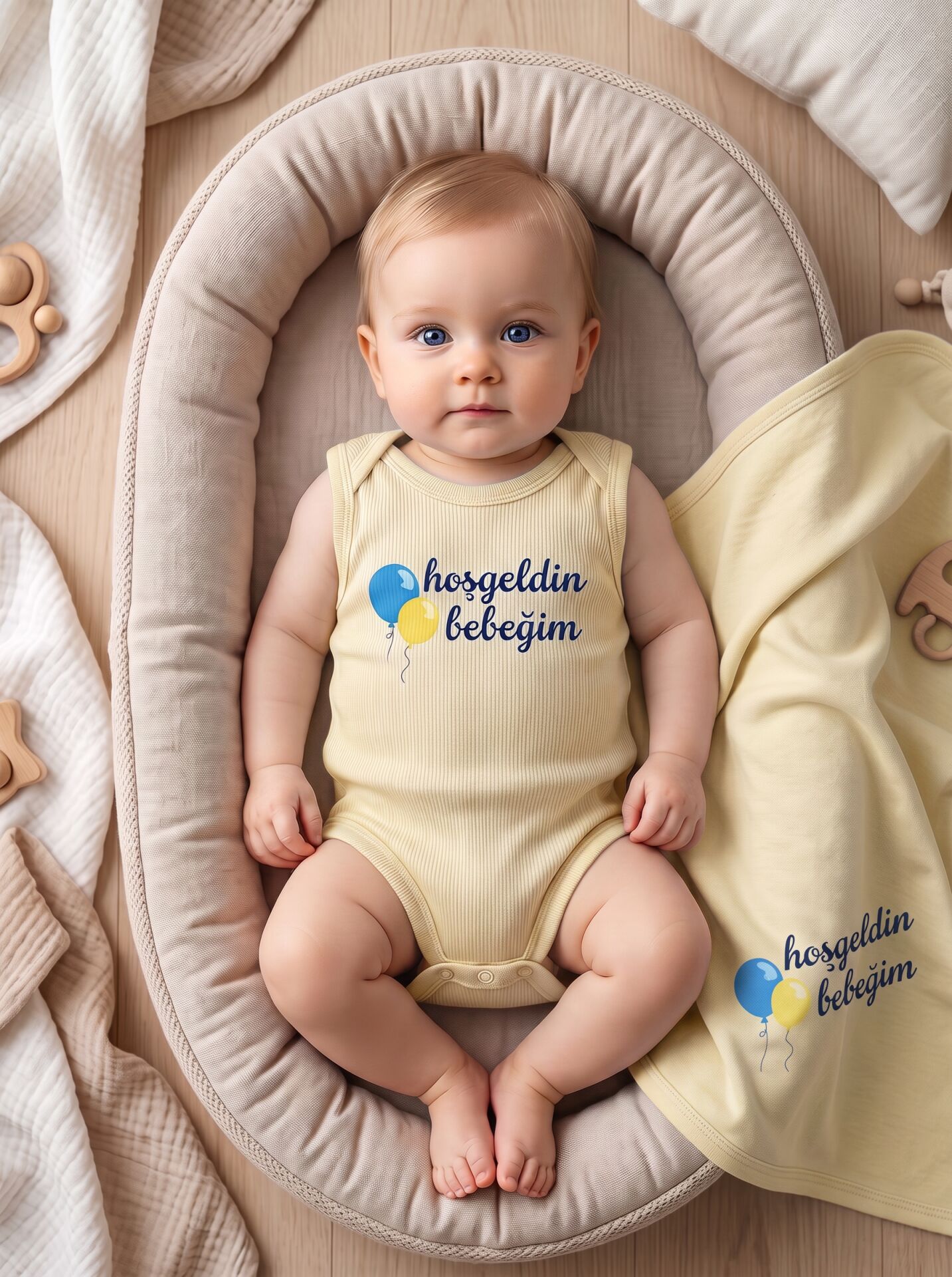 Hoşgeldin Bebeğim Balon Baskılı Pamuklu Kolsuz Bebek Body Sarı - 24-30