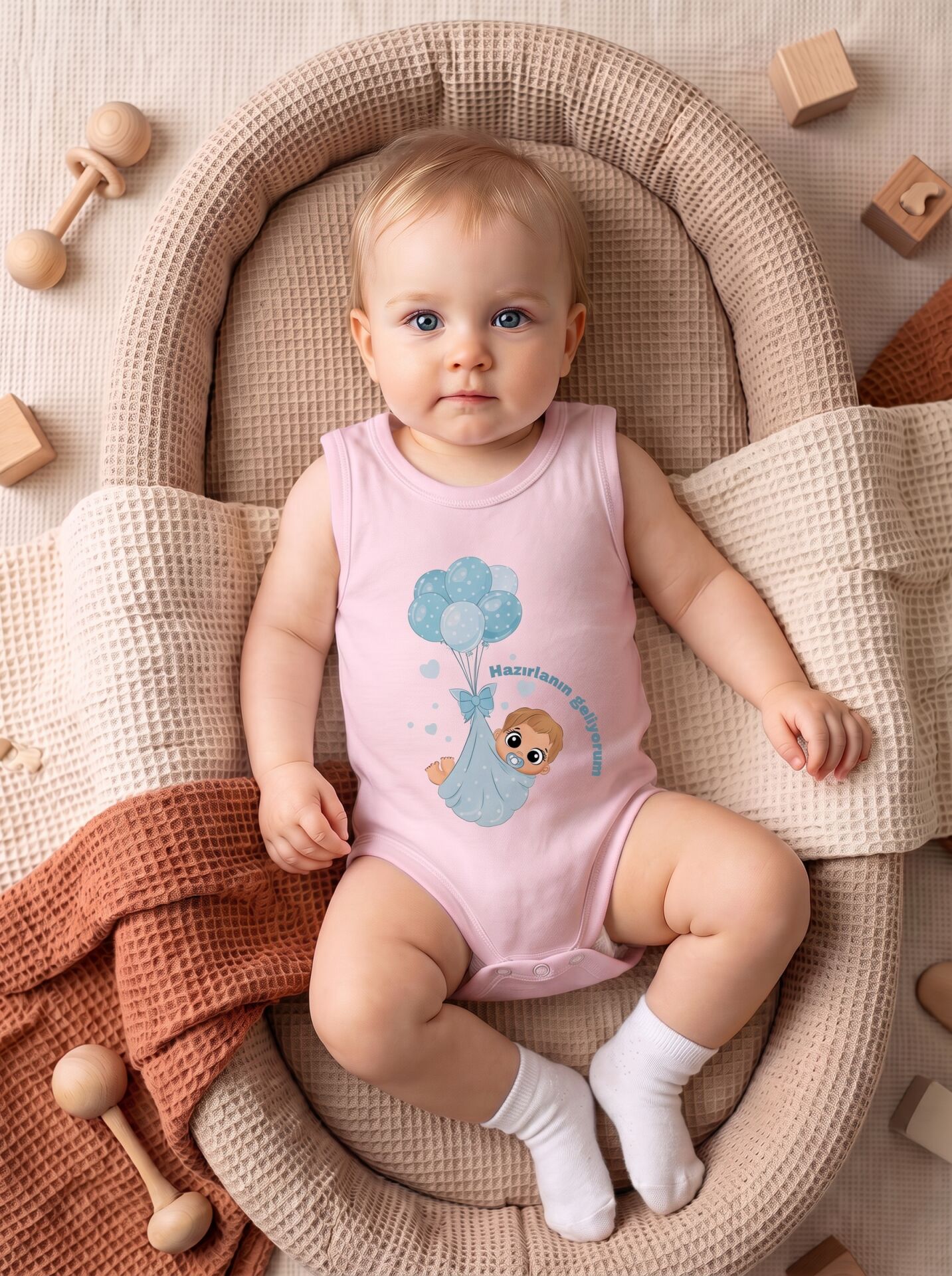 Hazırlanın Geliyorum Mavi Balonlu Pamuklu Kolsuz Bebek Body Pembe - 9-12