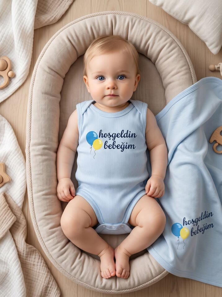 Hoşgeldin Bebeğim Balon Baskılı Pamuklu Kolsuz Bebek Body Mavi - 9-12