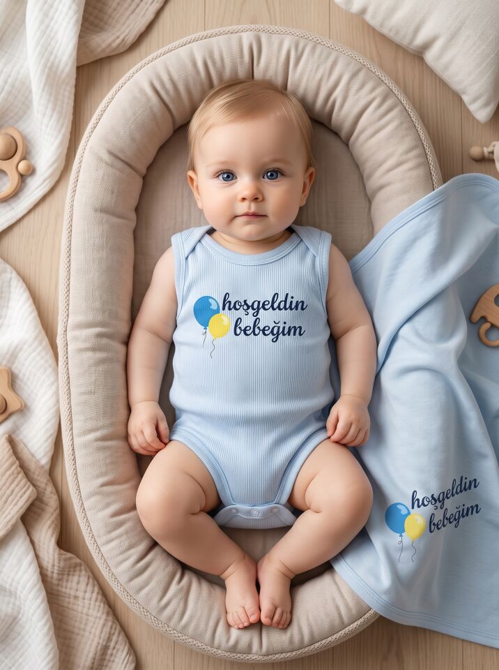 Hoşgeldin Bebeğim Balon Baskılı Pamuklu Kolsuz Bebek Body Mavi - 24-30