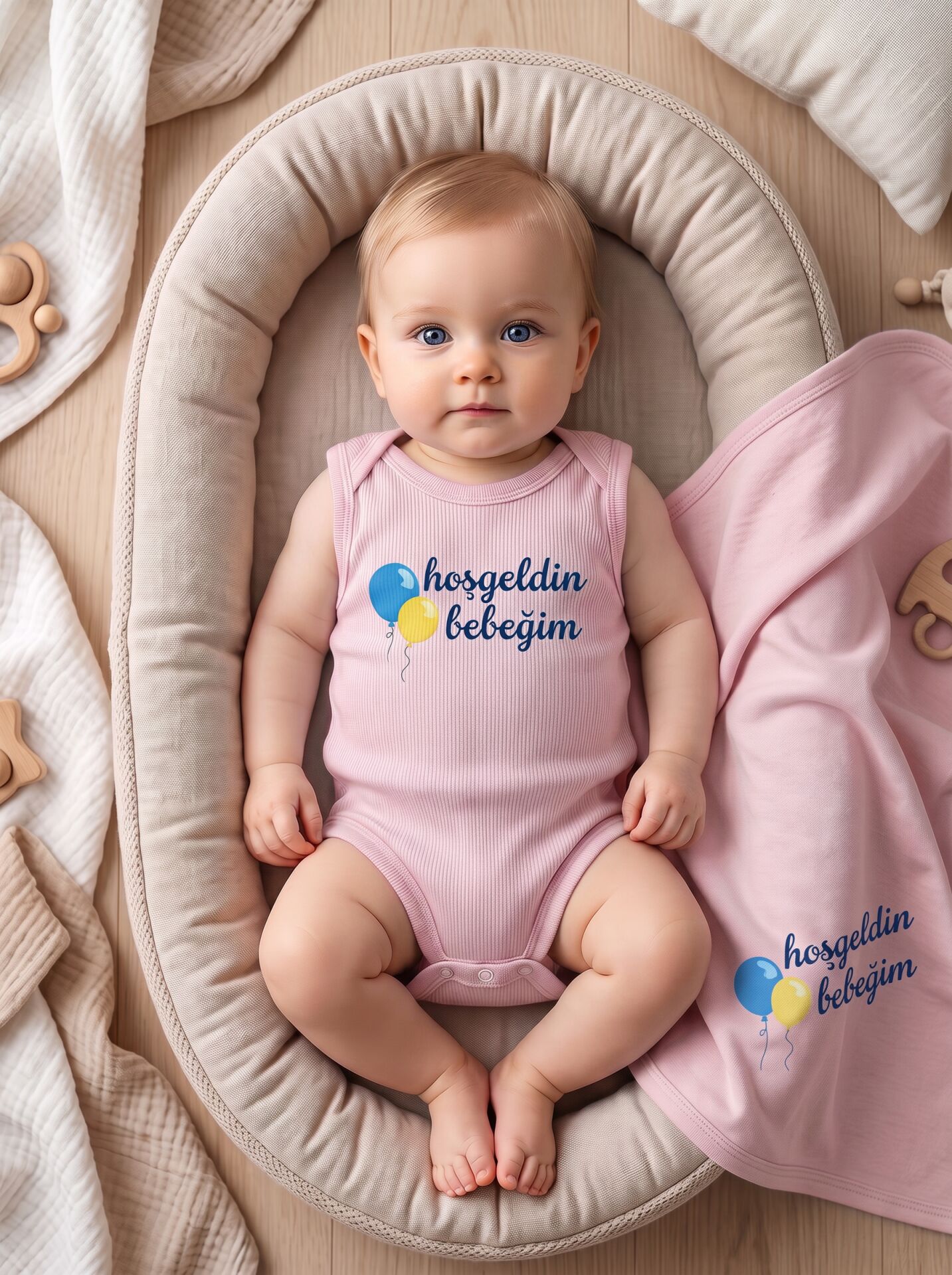 Hoşgeldin Bebeğim Balon Baskılı Pamuklu Kolsuz Bebek Body Pembe - 12-18