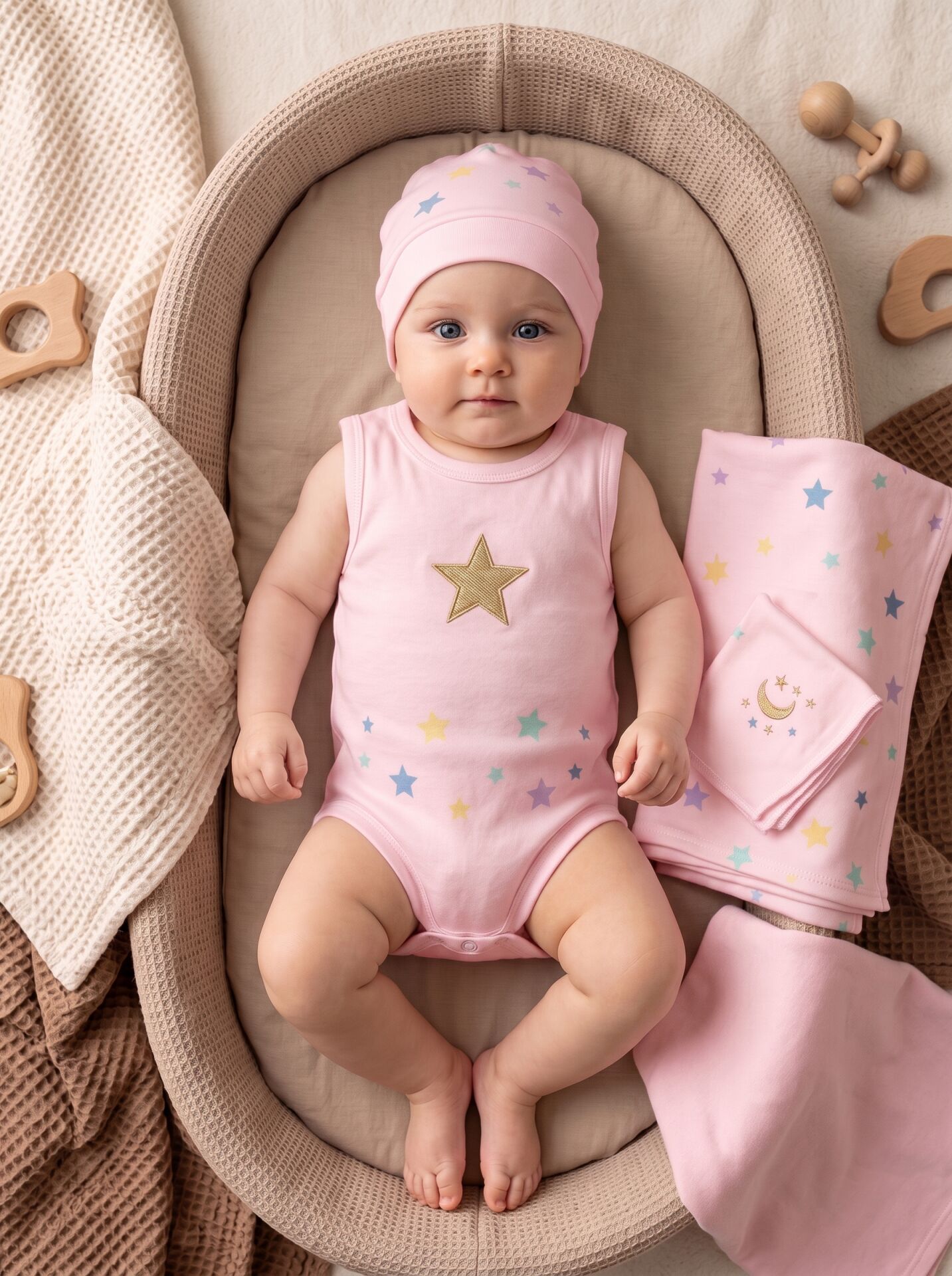 Yıldız ve Ay Baskılı Pamuklu Bebek Body Seti Pembe - 12-18