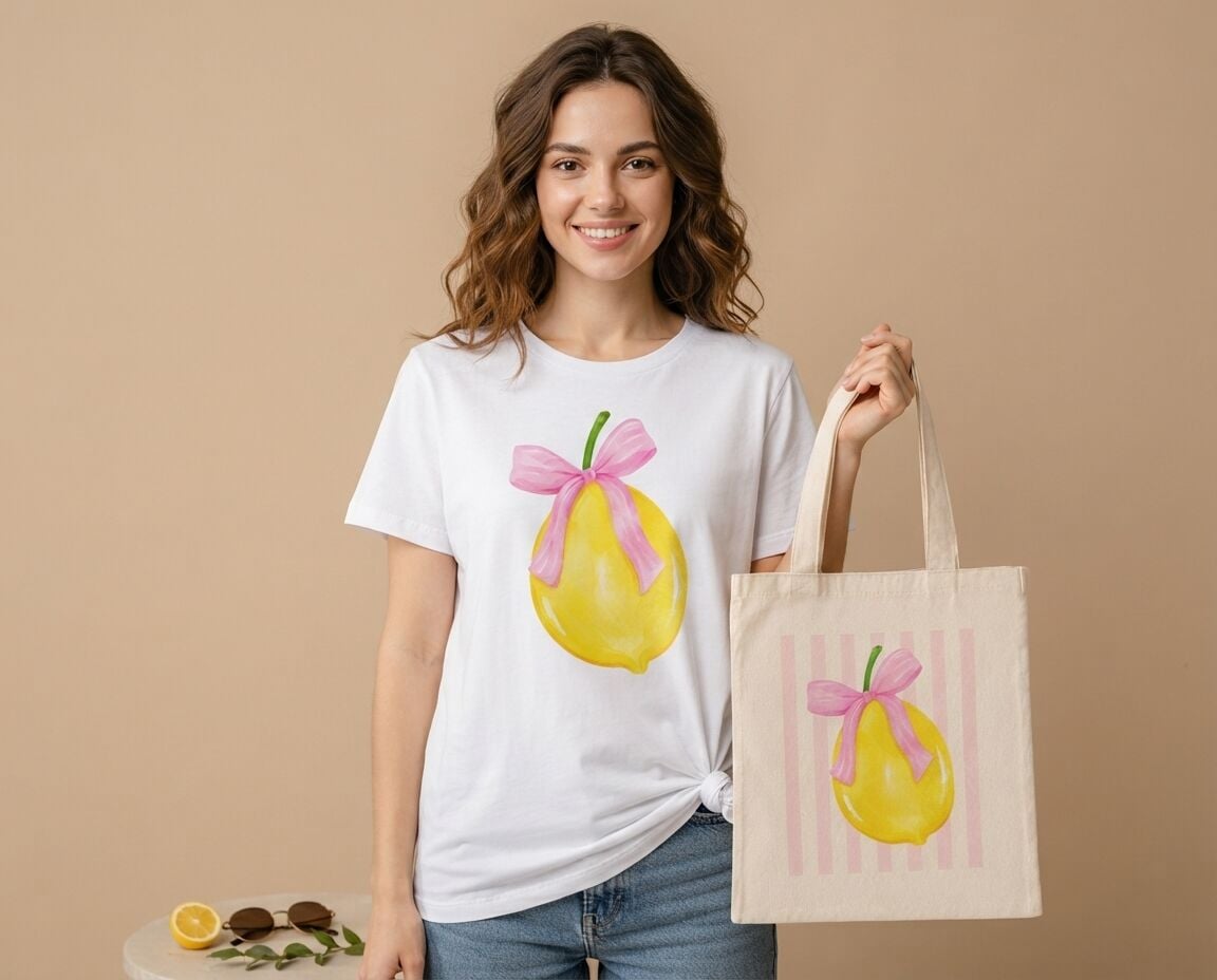 Pembe Kurdeleli Limon Desenli %100 Pamuklu Tişört ve Çanta Kombin Seti