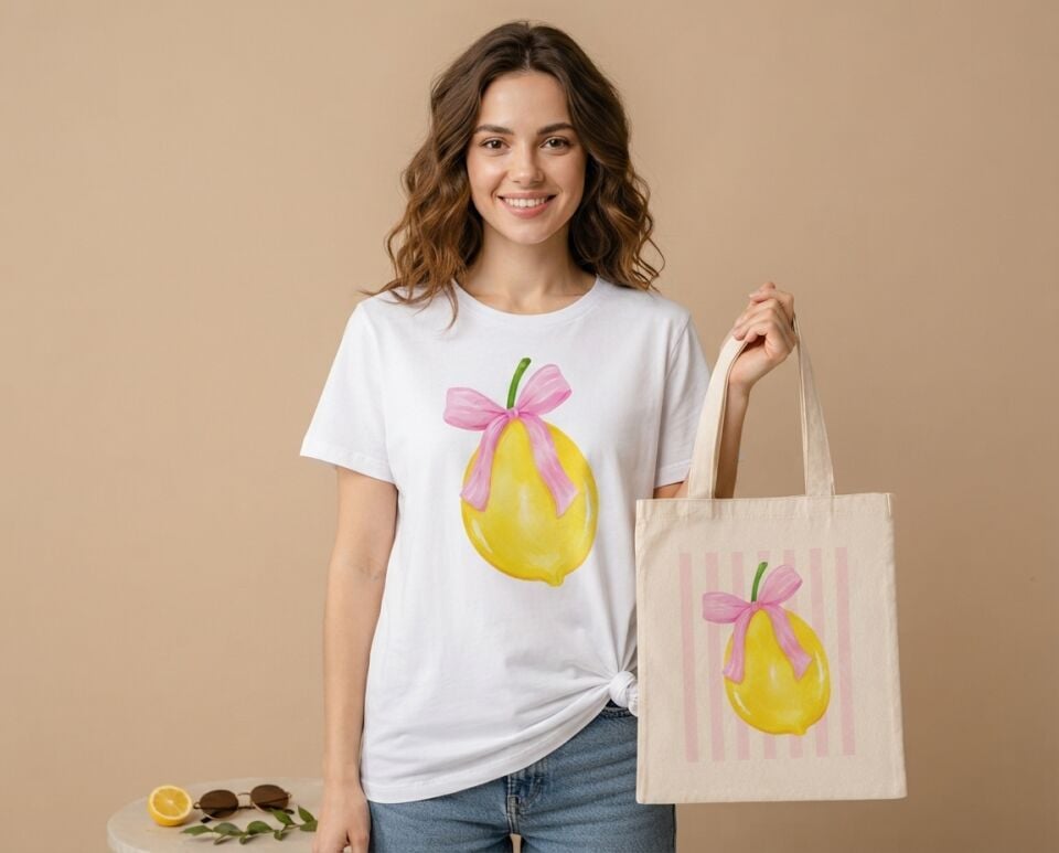 Pembe Kurdeleli Limon Desenli %100 Pamuklu Tişört ve Çanta Kombin Seti