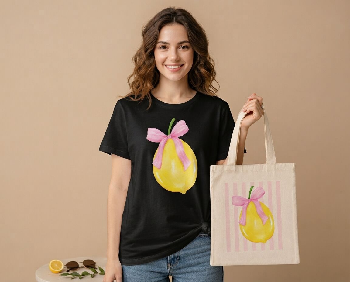 Pembe Kurdeleli Limon Desenli %100 Pamuklu Tişört ve Çanta Kombin Seti S Beden - Siyah