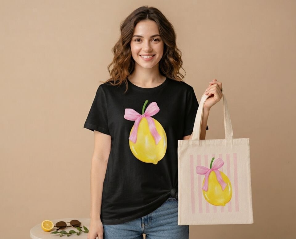 Pembe Kurdeleli Limon Desenli %100 Pamuklu Tişört ve Çanta Kombin Seti M Beden - Siyah