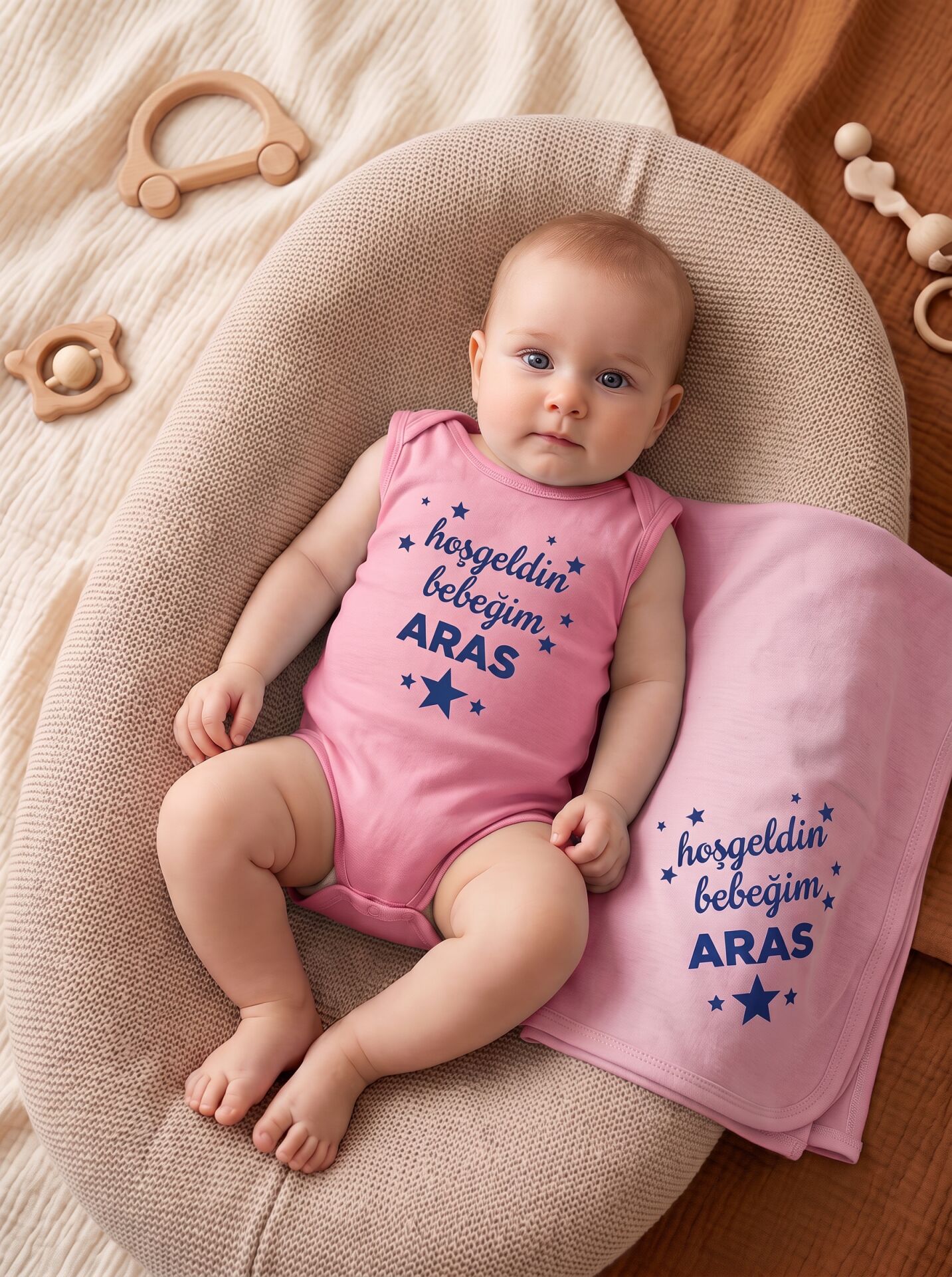 Hoşgeldin Bebeğim Yıldızlı Kişiye Özel Pamuklu Bebek Body Pembe - 18-24