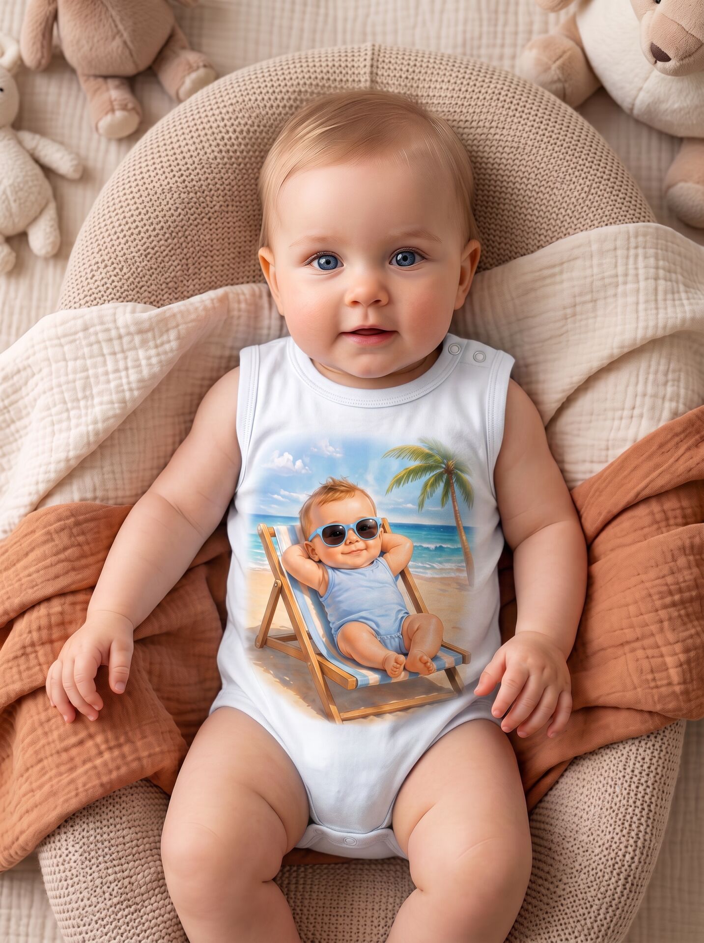 Plaj Keyfi Güneş Gözlüklü Bebek Baskılı Pamuklu Zıbın (Body) Beyaz - 3-6